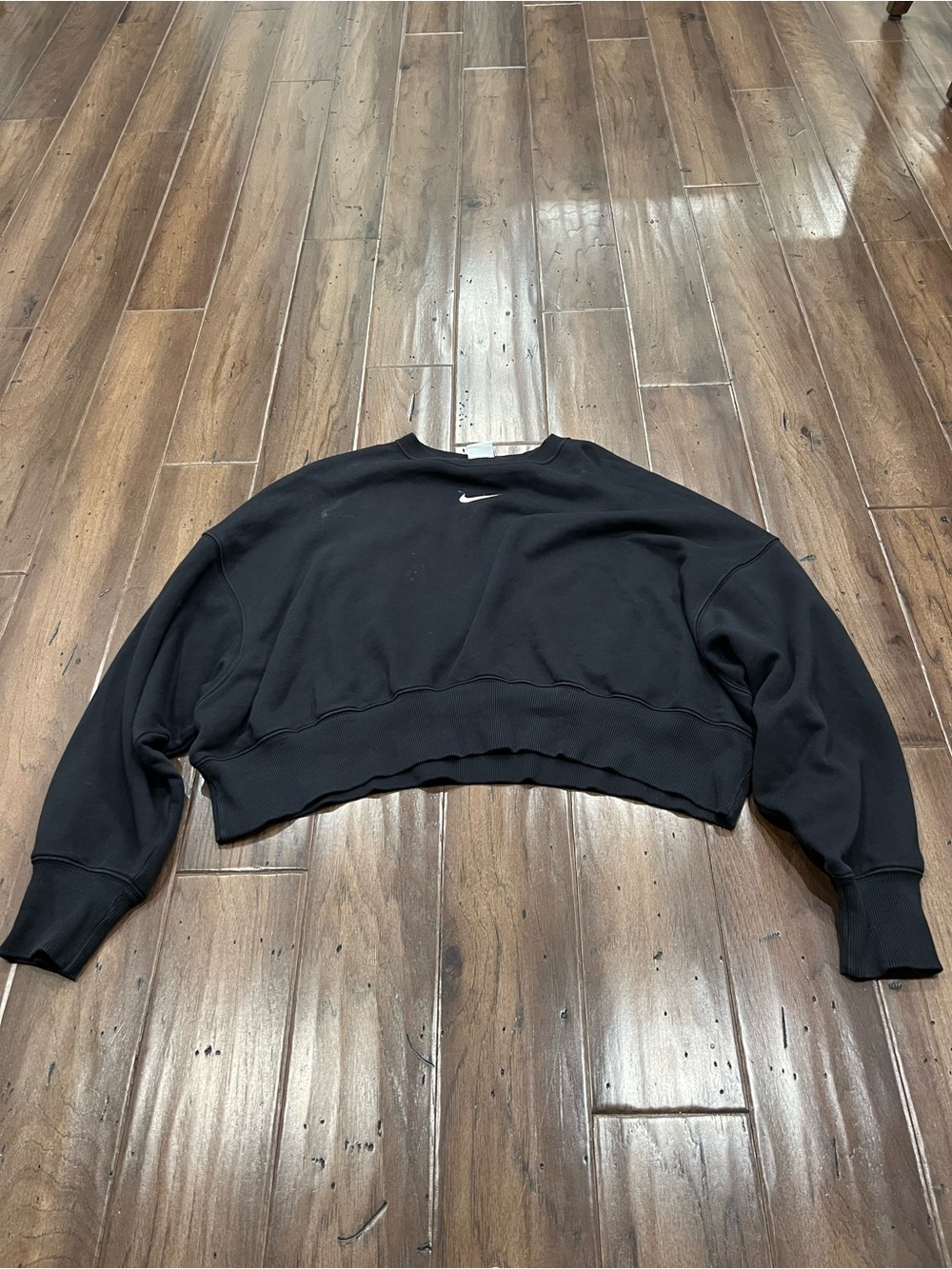 Nike Black Cropped Crew Sweatshirt with White Swoosh